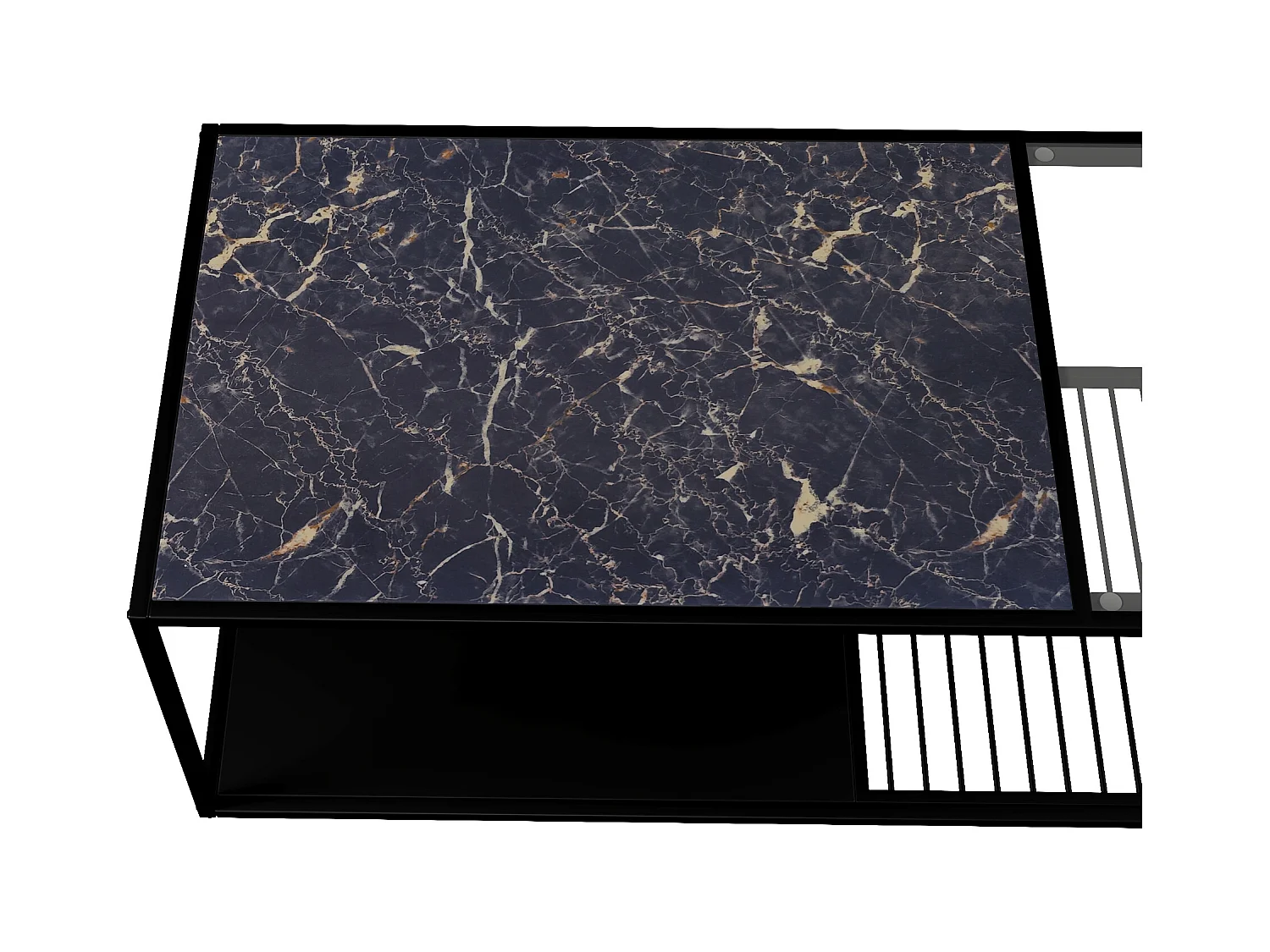 Table basse noire avec  marbre texture et verre, structure en métal noir 110x48x35cm