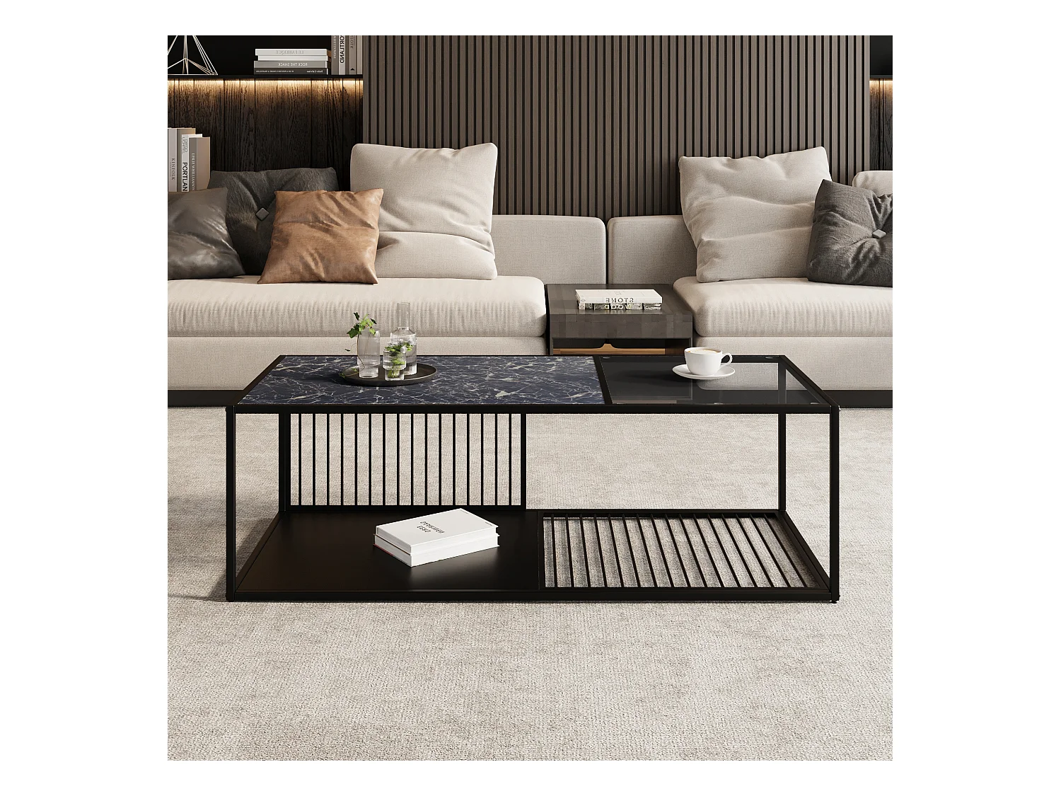 Zwarte salontafel met marmerstructuur en glas, zwarte metalen structuur 110x48x35cm