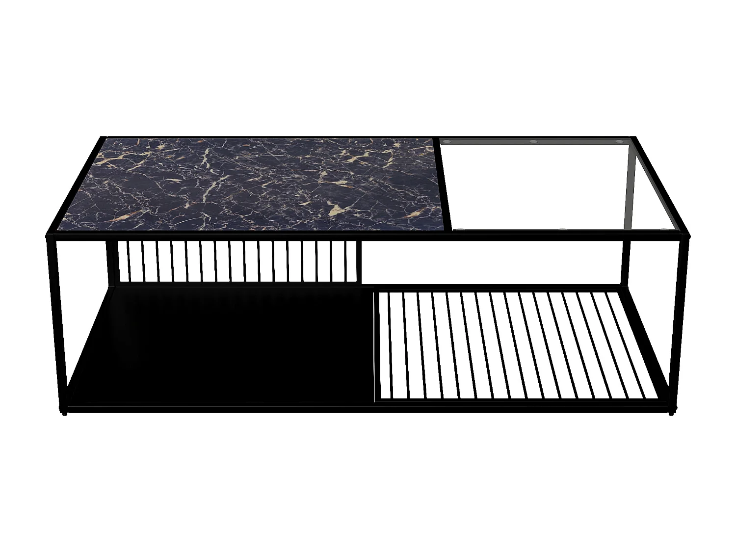Zwarte salontafel met marmerstructuur en glas, zwarte metalen structuur 110x48x35cm