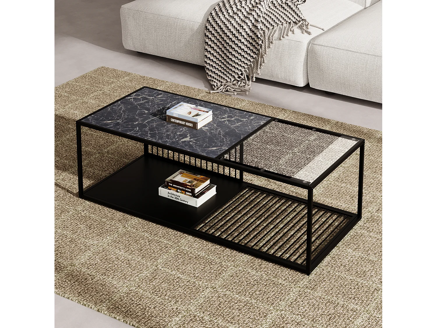 Zwarte salontafel met marmerstructuur en glas, zwarte metalen structuur 110x48x35cm