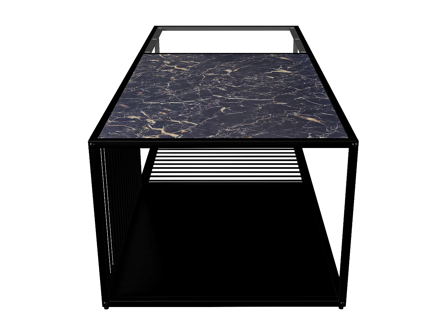 Zwarte salontafel met marmerstructuur en glas, zwarte metalen structuur 110x48x35cm