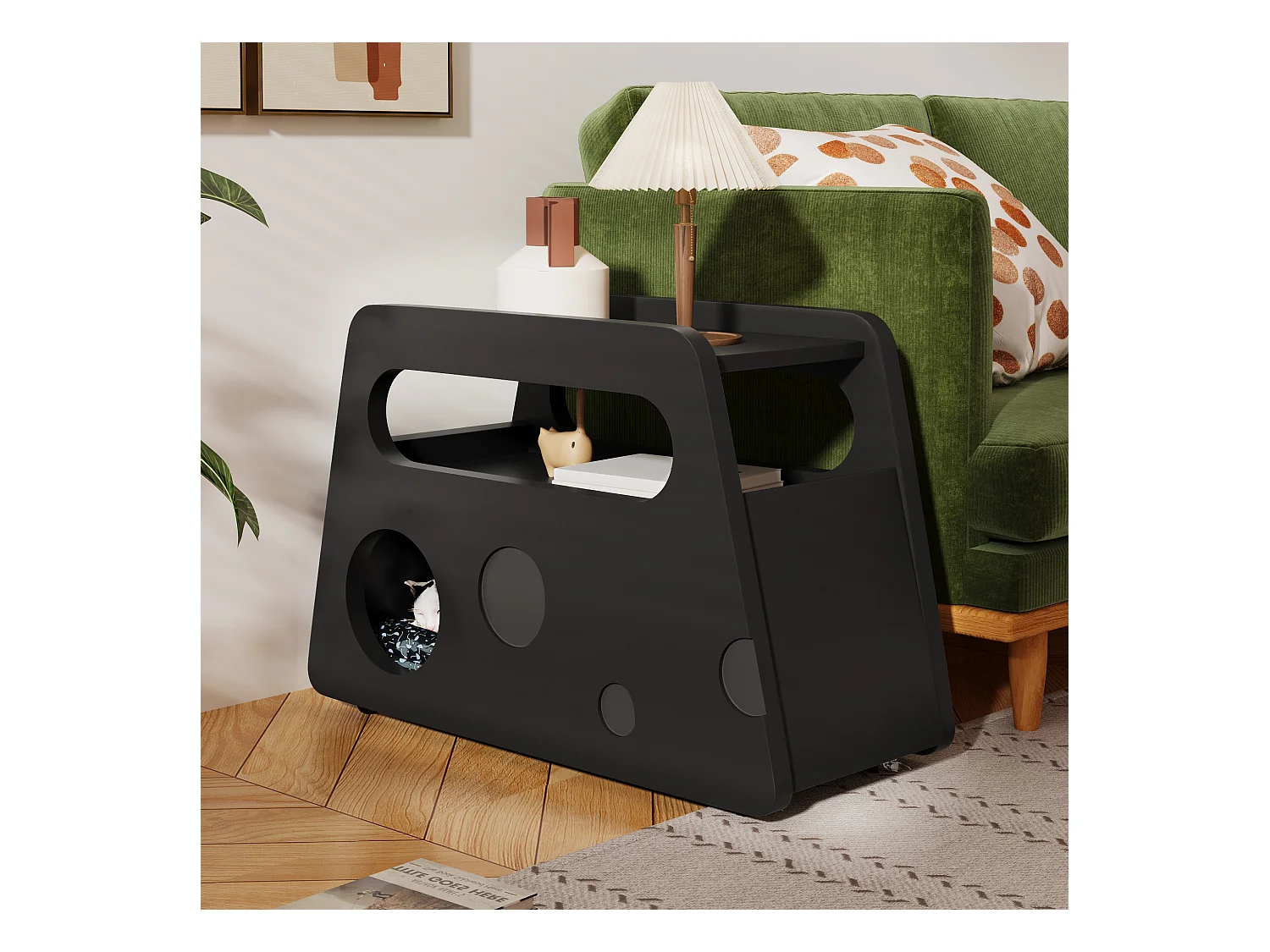 Table basse noir avec roulettes et rangement, design rond 81x33x51,5cm