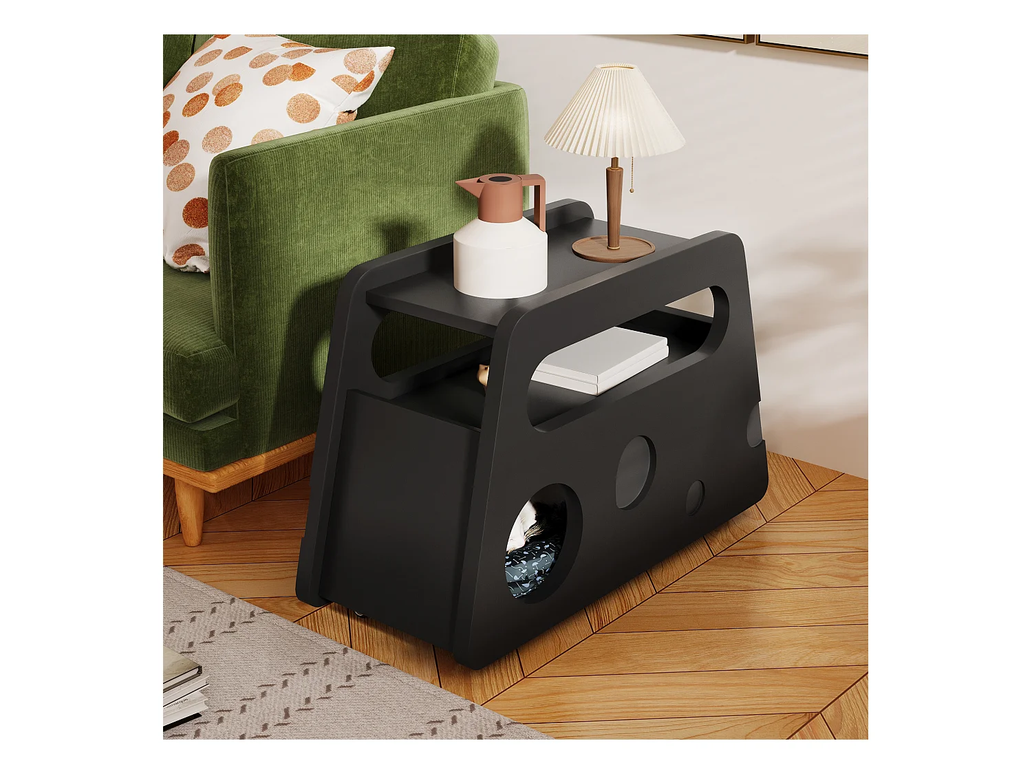 Table basse noir avec roulettes et rangement, design rond 81x33x51,5cm