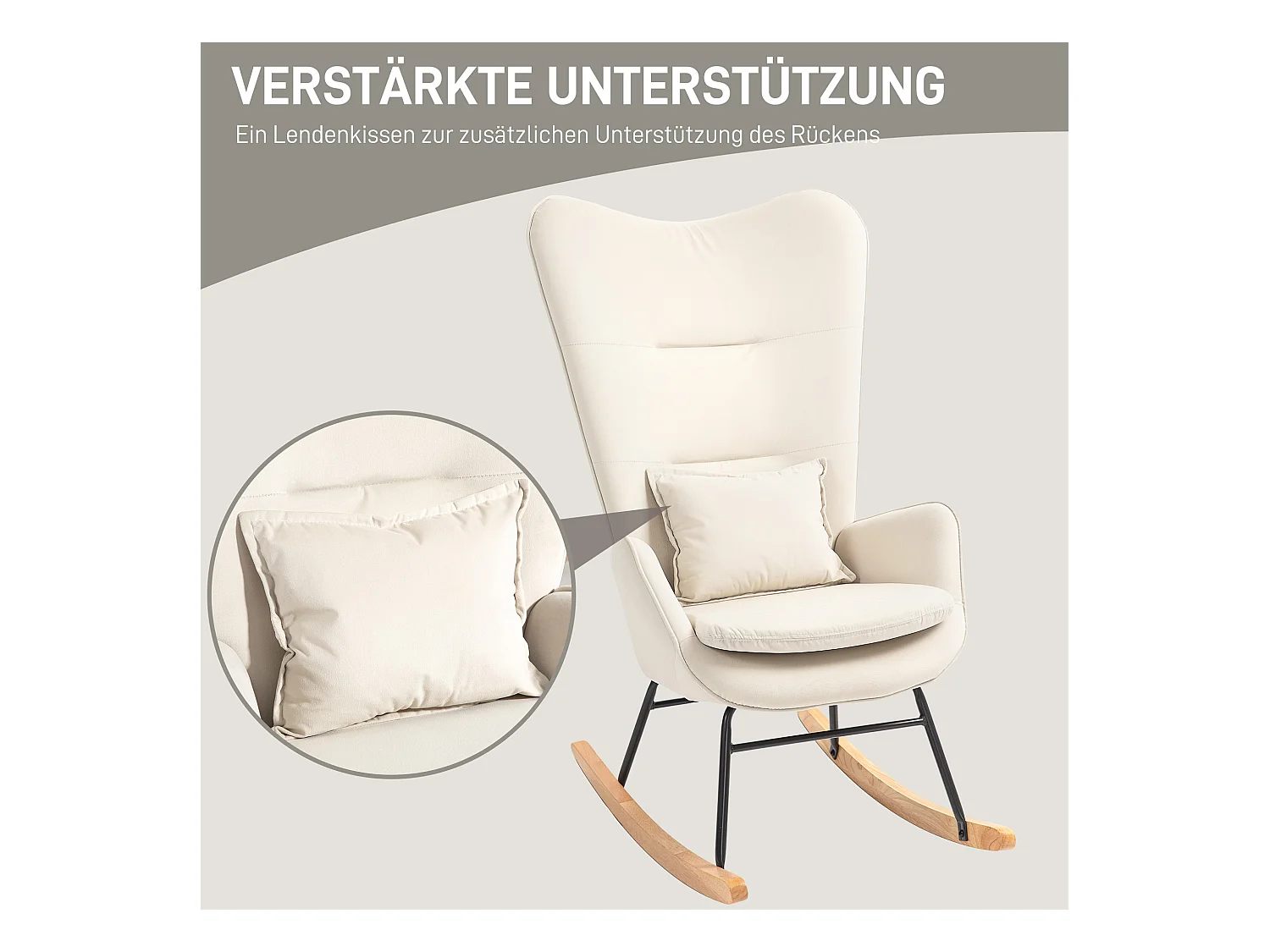 Fauteuil à bascule blanche avec coussin lombaire, accoudoirs et dossier haut, base en bois