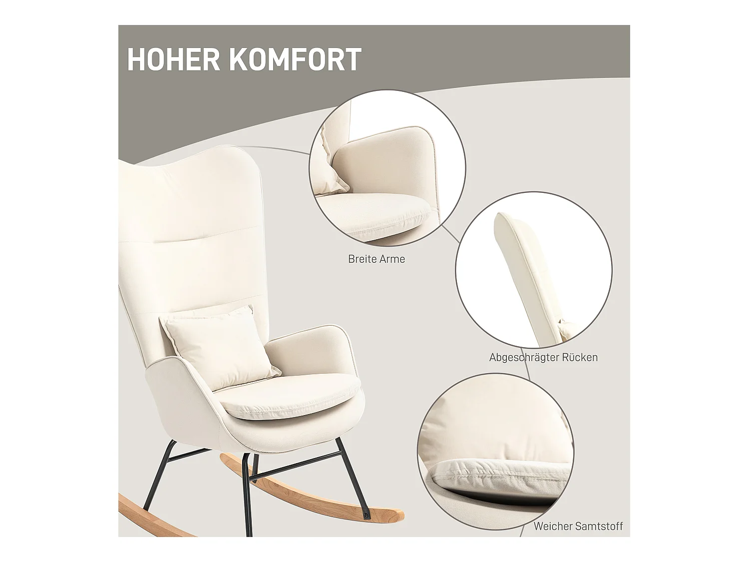 Witte schommelstoel met lendensteun, armleuningen en hoge rugleuning, houten onderstel