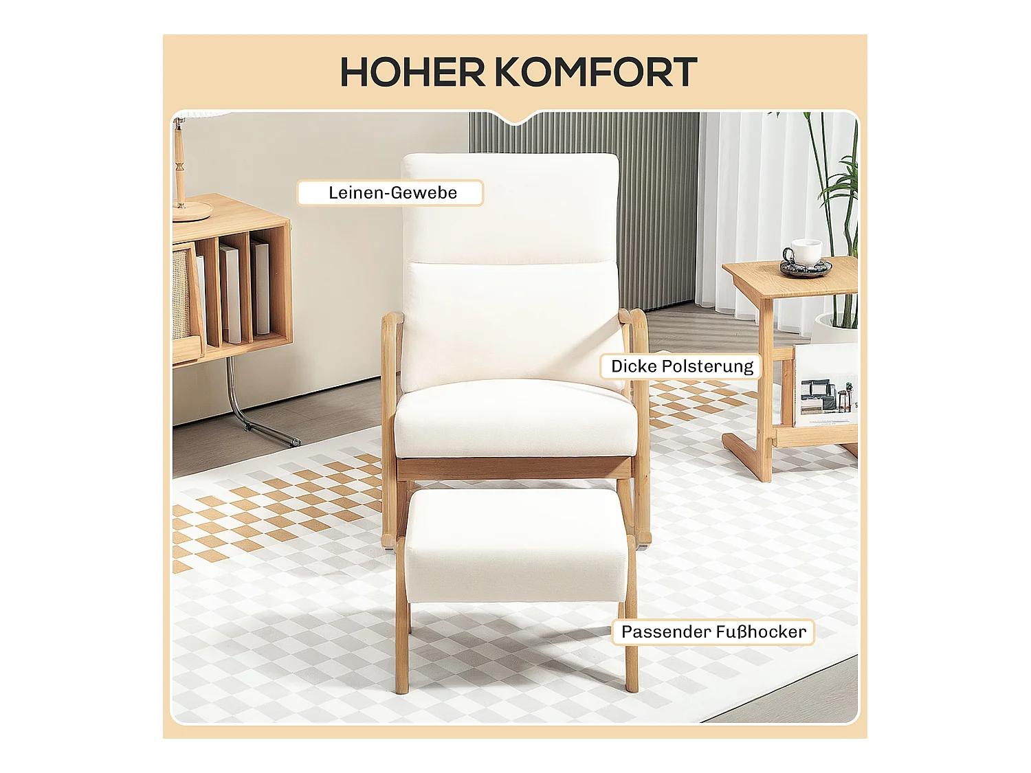 Fauteuil à bascule blanc crème avec repose-pieds, structure en bois 96x65x94,5cm