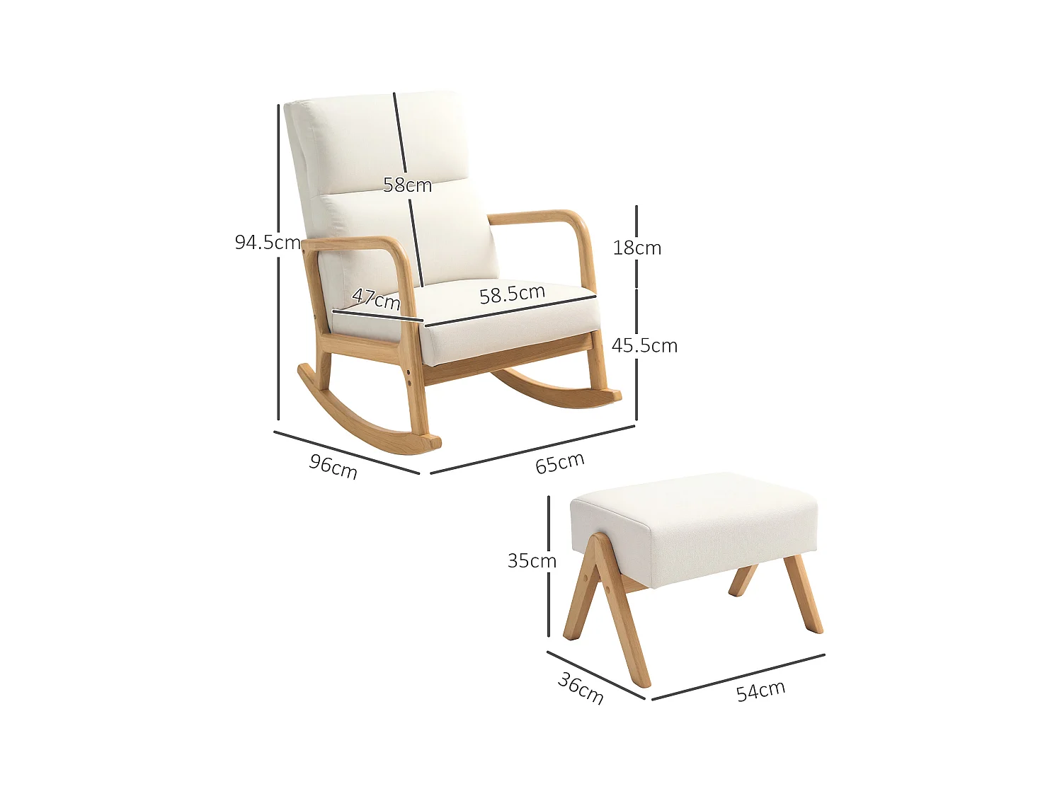 Fauteuil à bascule blanc crème avec repose-pieds, structure en bois 96x65x94,5cm