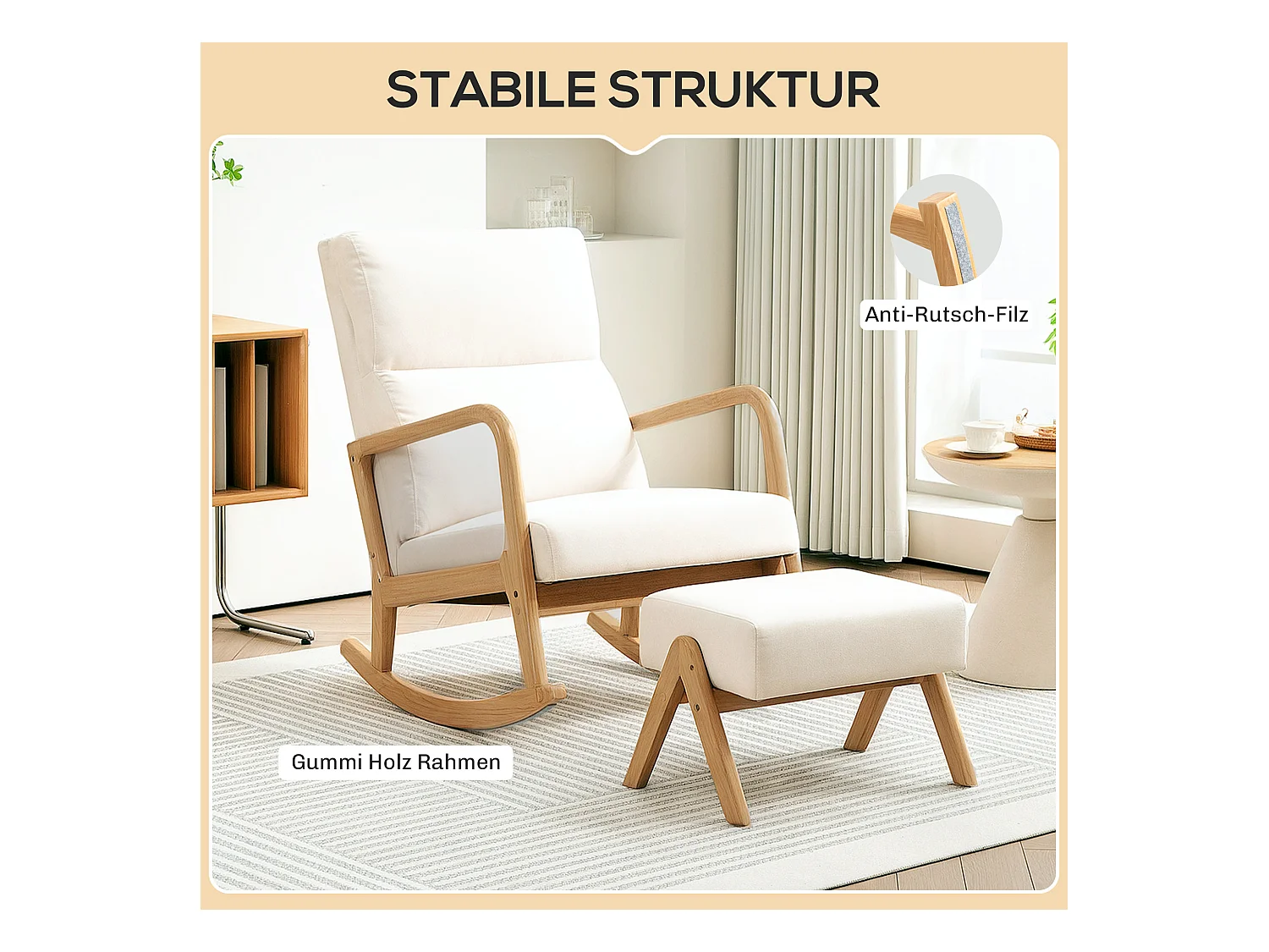 Fauteuil à bascule blanc crème avec repose-pieds, structure en bois 96x65x94,5cm