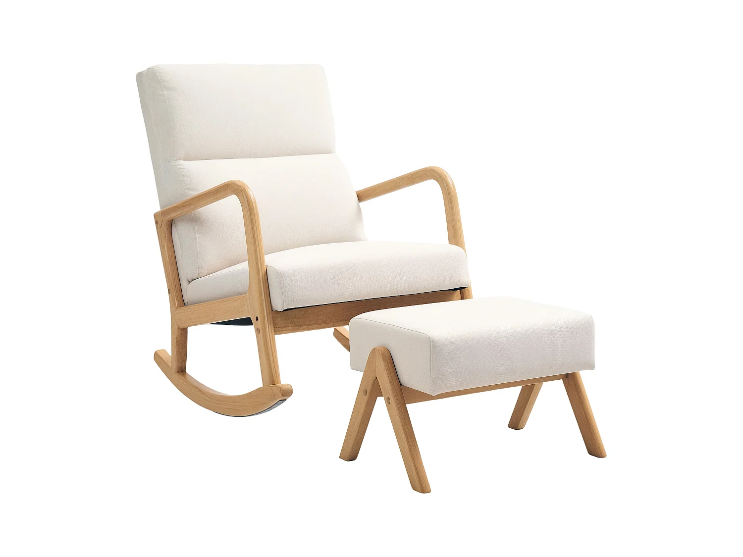 Crèmewitte schommelstoel met voetenbankje, houten frame 96x65x94,5cm