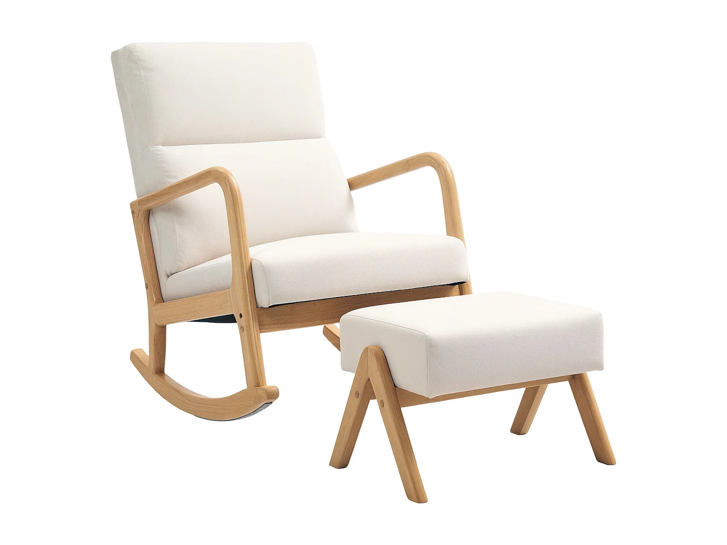 Fauteuil à bascule blanc crème avec repose-pieds, structure en bois 96x65x94,5cm