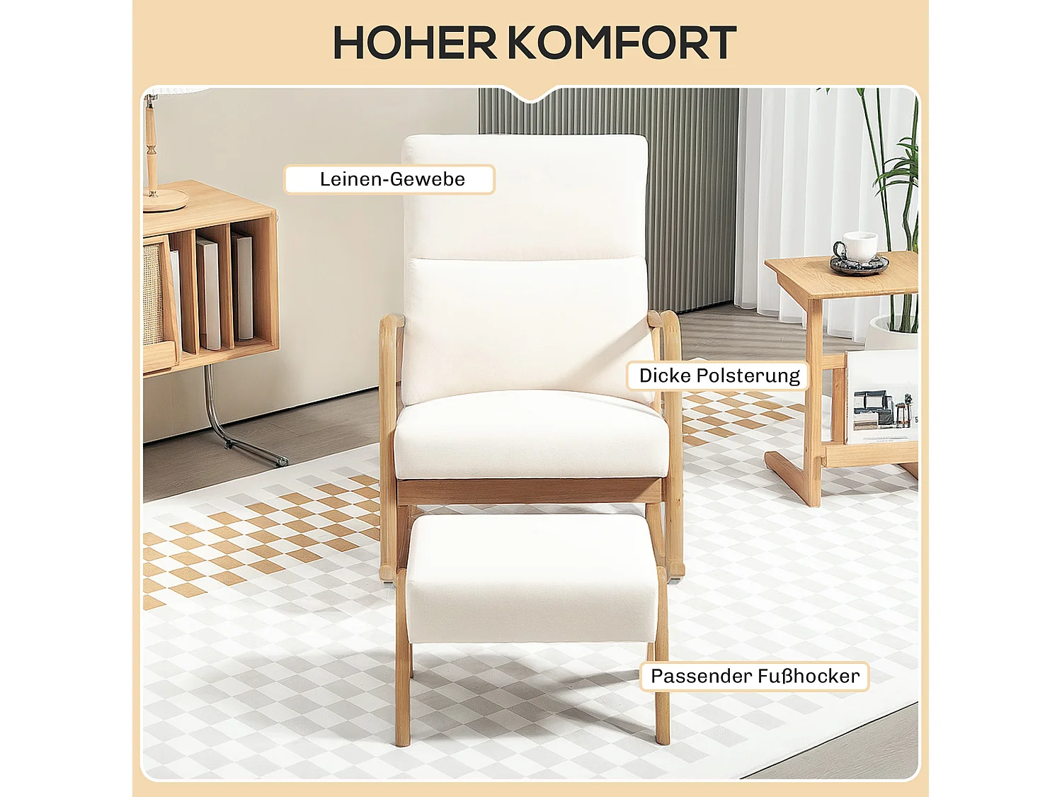 Fauteuil à bascule blanc crème avec repose-pieds, structure en bois 96x65x94,5cm