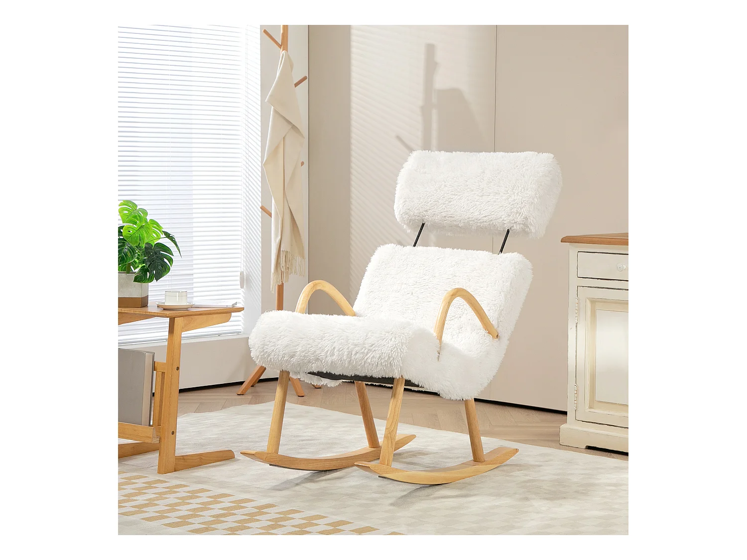 Fauteuil à bascule en fausse laine blanche avec appui-tête réglable et structure en bois