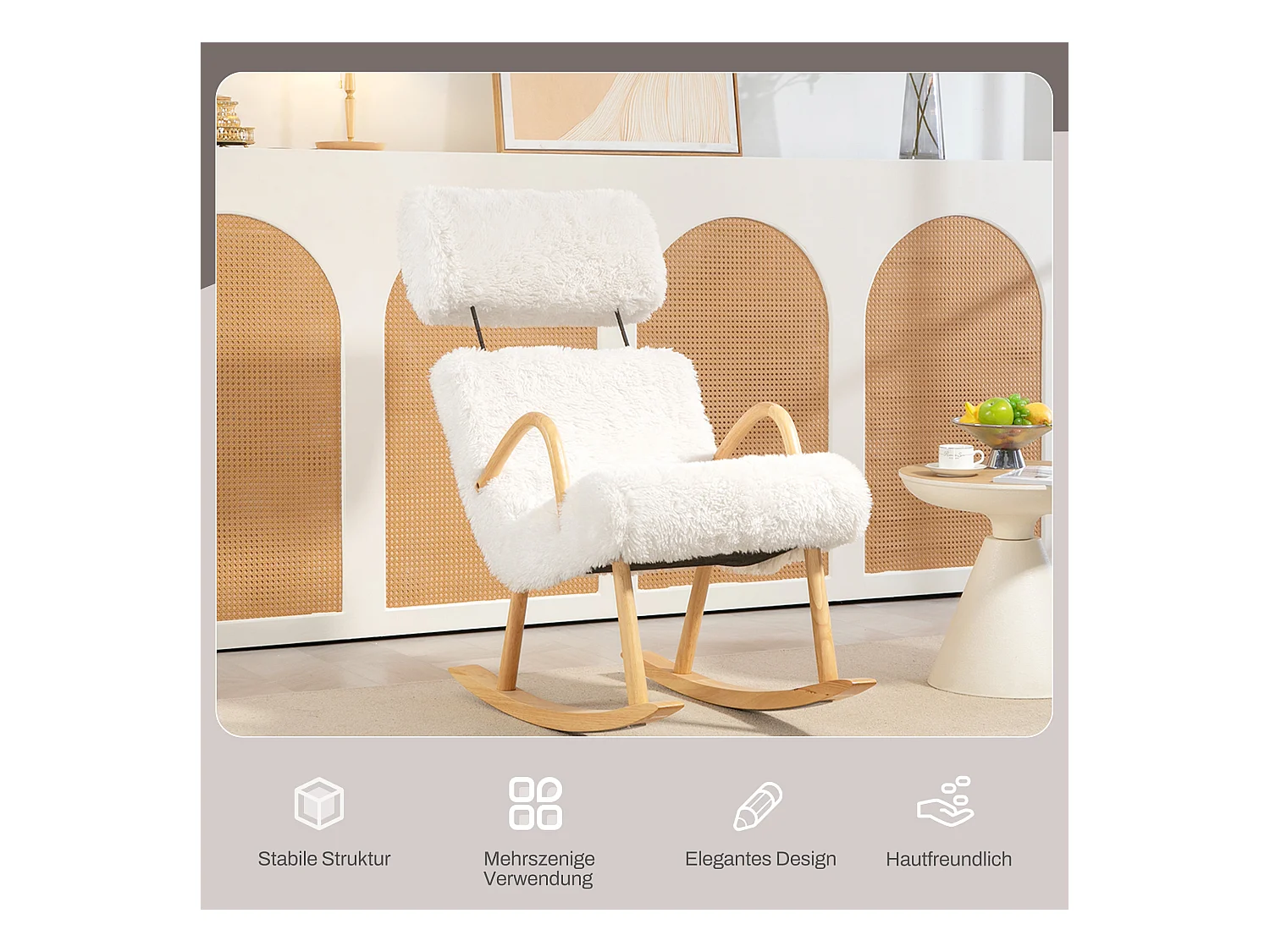 Fauteuil à bascule en fausse laine blanche avec appui-tête réglable et structure en bois