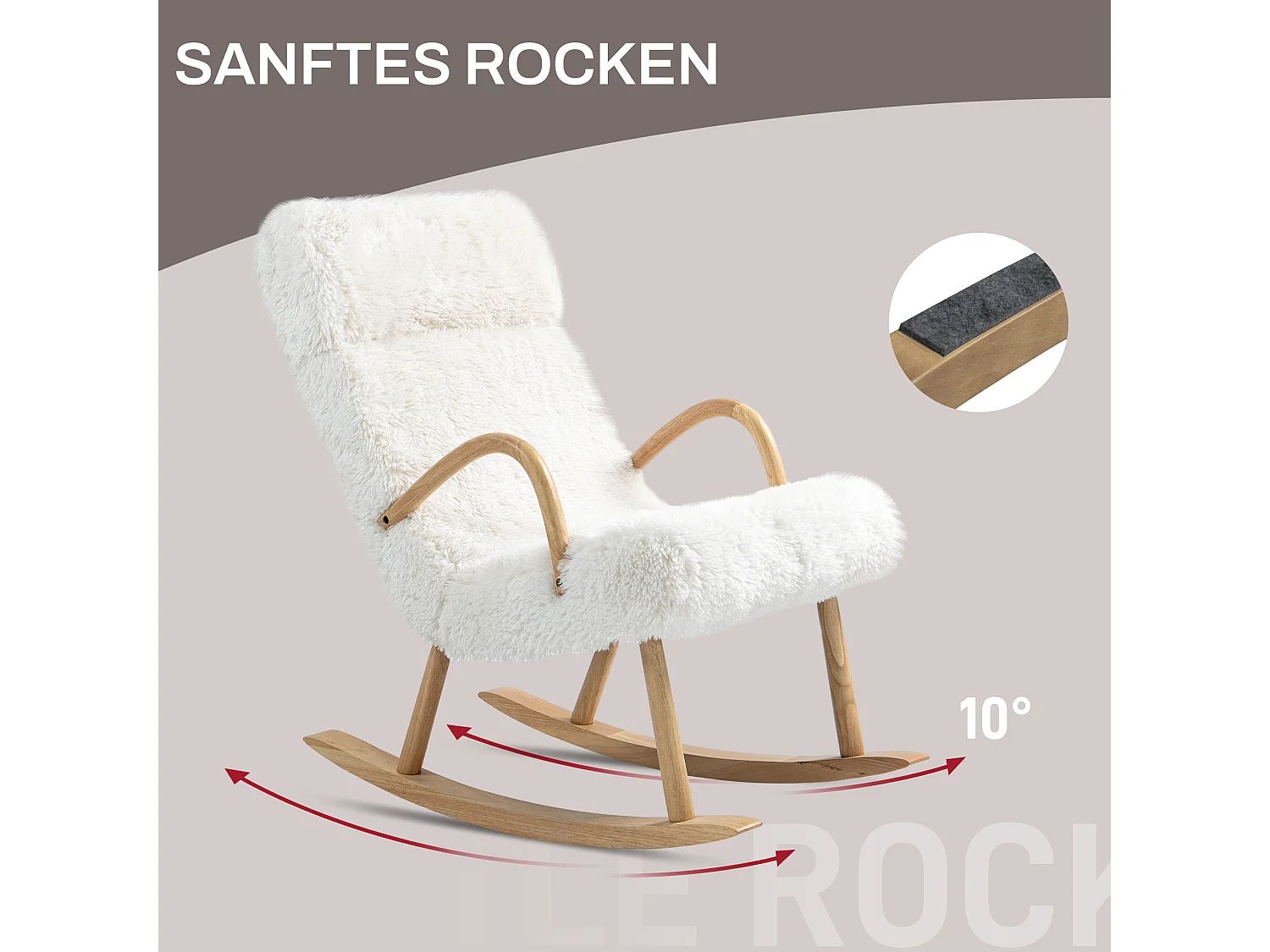 Witte schommelstoel van imitatiewol met verstelbare hoofdsteun en houten frame
