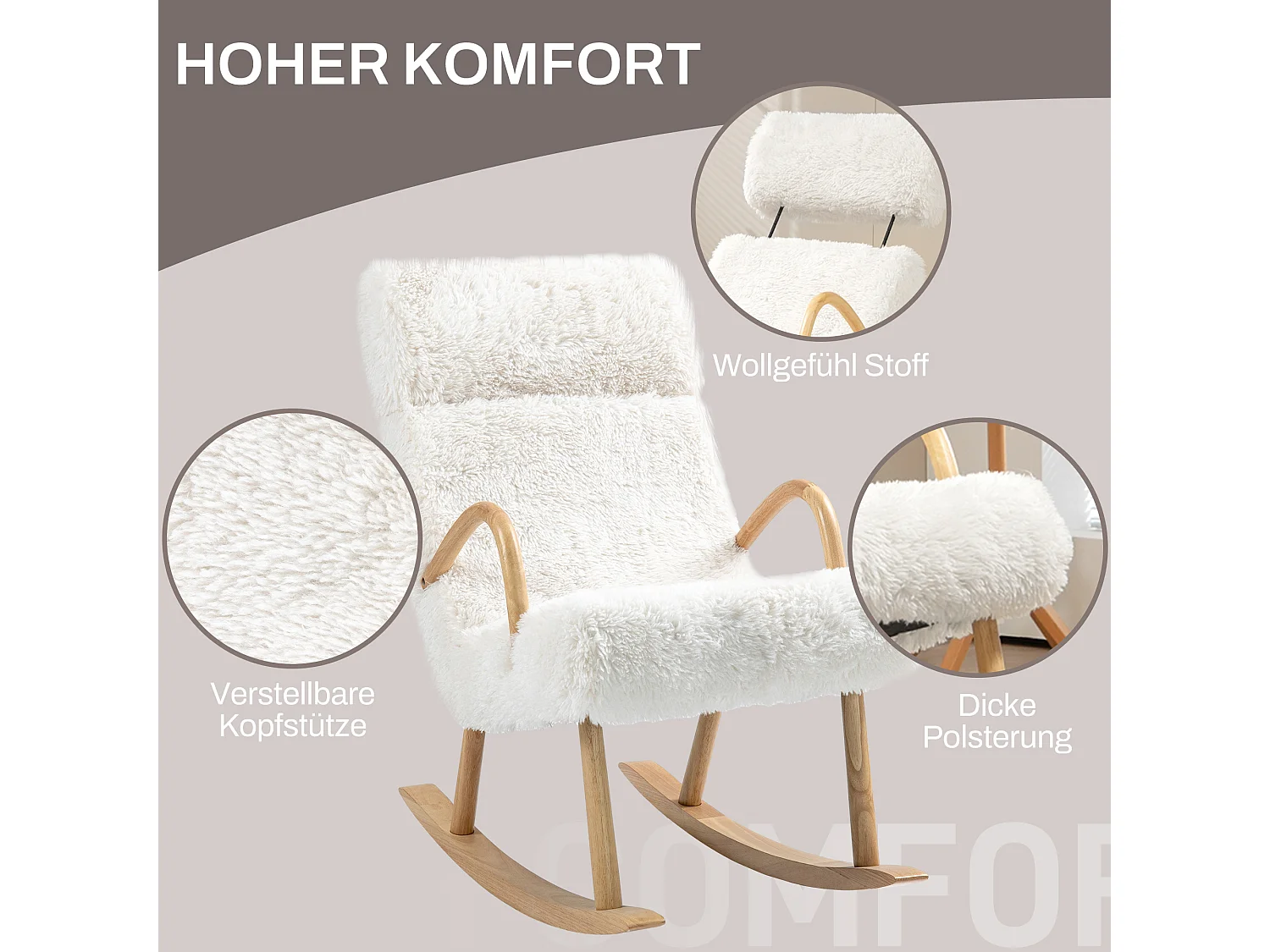 Witte schommelstoel van imitatiewol met verstelbare hoofdsteun en houten frame