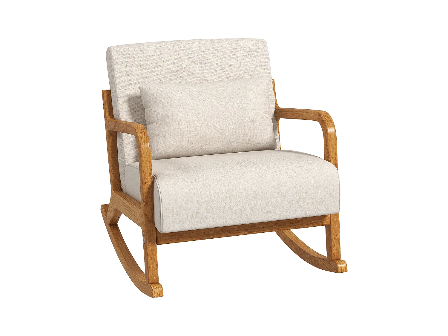Fauteuil à bascule blanc crème avec coussin lombaire et accoudoirs, coussin d'assise épais