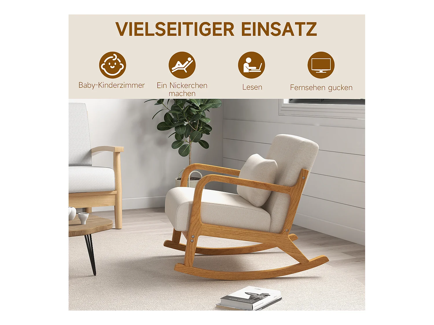 Fauteuil à bascule blanc crème avec coussin lombaire et accoudoirs, coussin d'assise épais