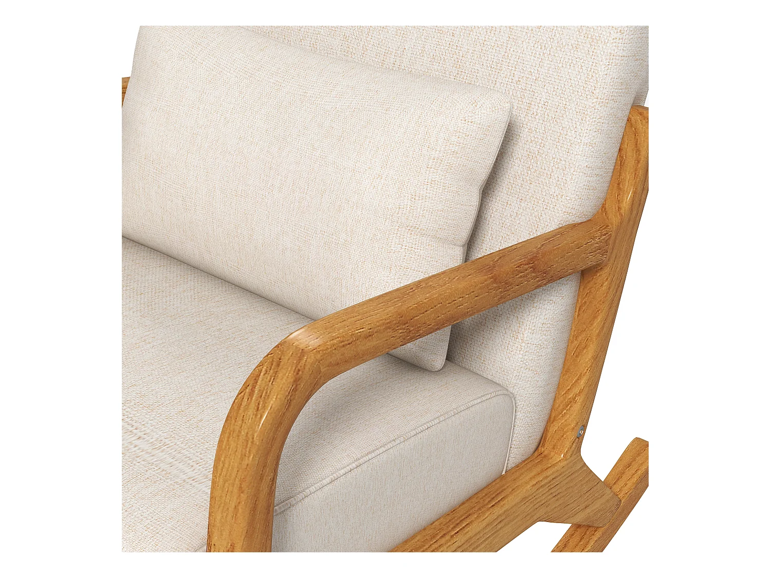 Fauteuil à bascule blanc crème avec coussin lombaire et accoudoirs, coussin d'assise épais