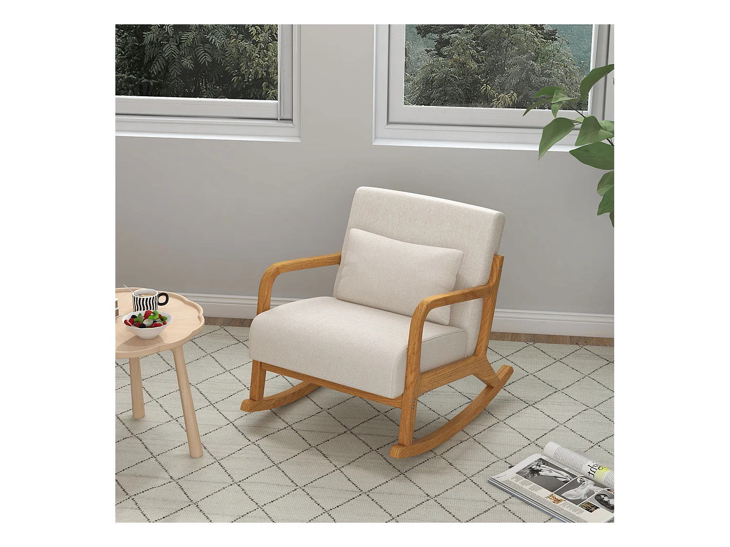 Fauteuil à bascule blanc crème avec coussin lombaire et accoudoirs, coussin d'assise épais