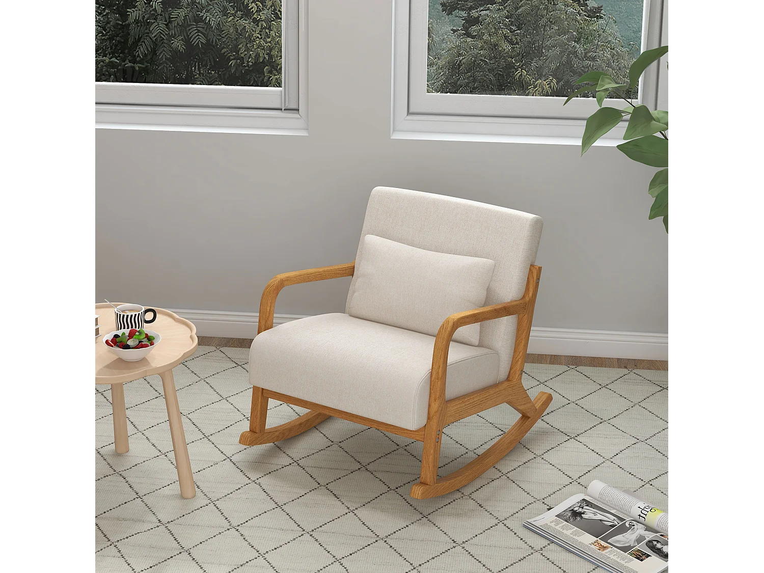 Fauteuil à bascule blanc crème avec coussin lombaire et accoudoirs, coussin d'assise épais