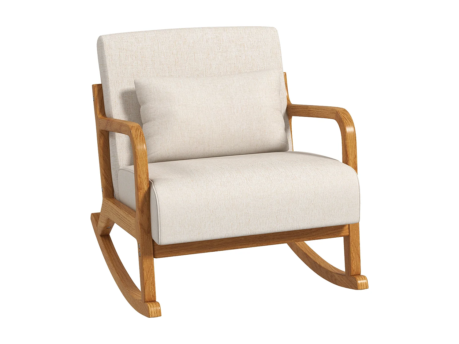 Fauteuil à bascule blanc crème avec coussin lombaire et accoudoirs, coussin d'assise épais