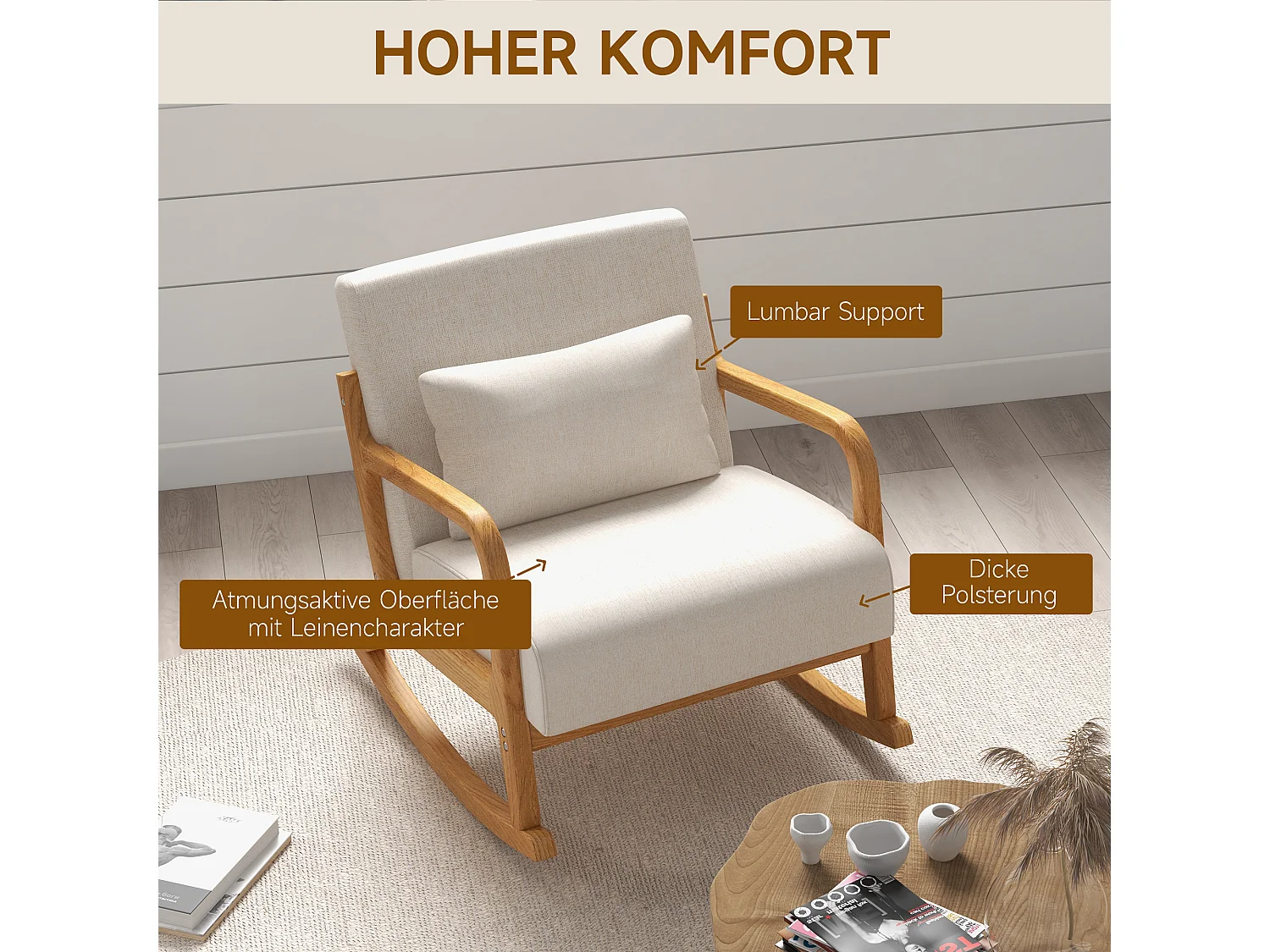 Fauteuil à bascule blanc crème avec coussin lombaire et accoudoirs, coussin d'assise épais