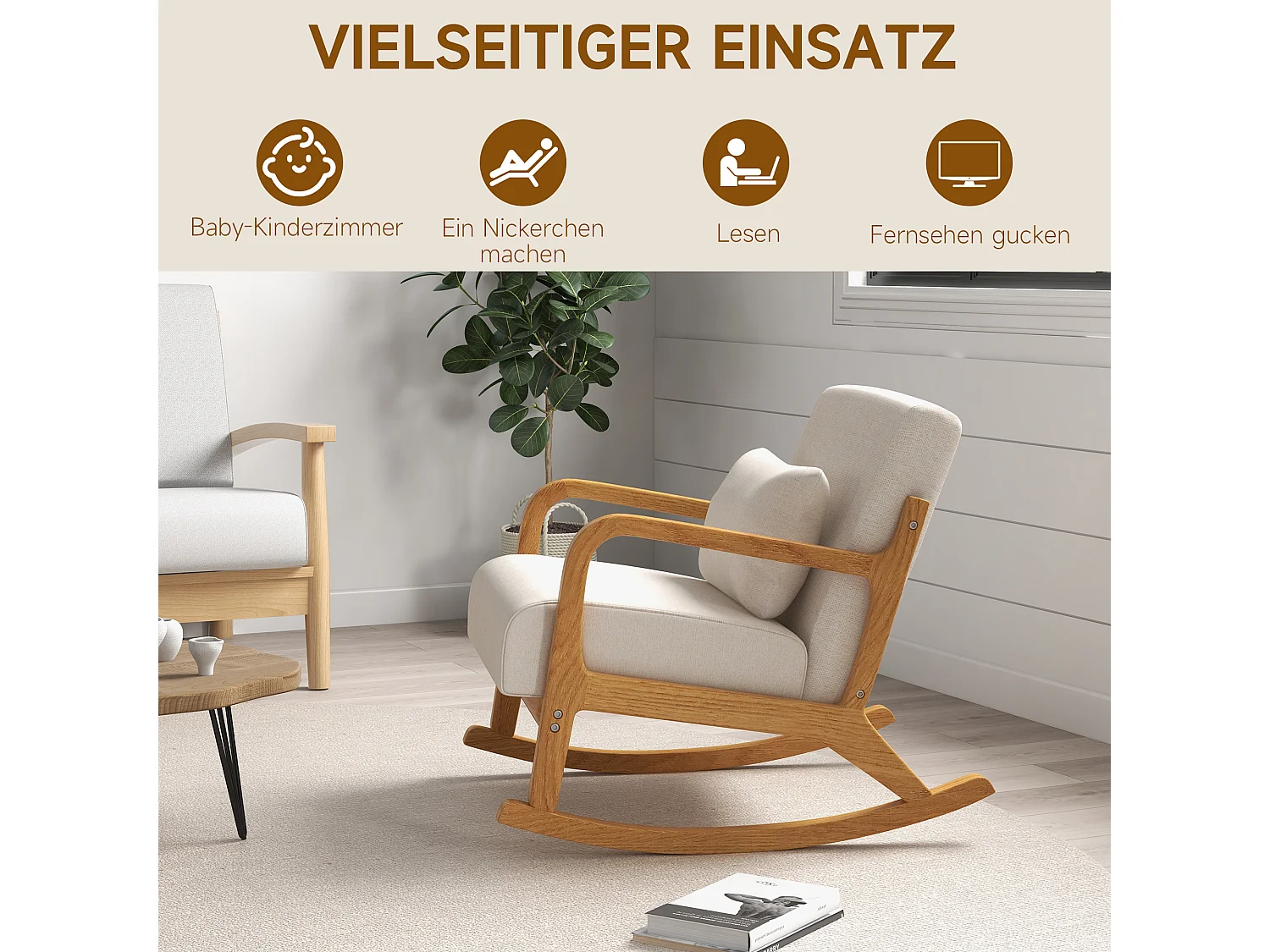 Fauteuil à bascule blanc crème avec coussin lombaire et accoudoirs, coussin d'assise épais