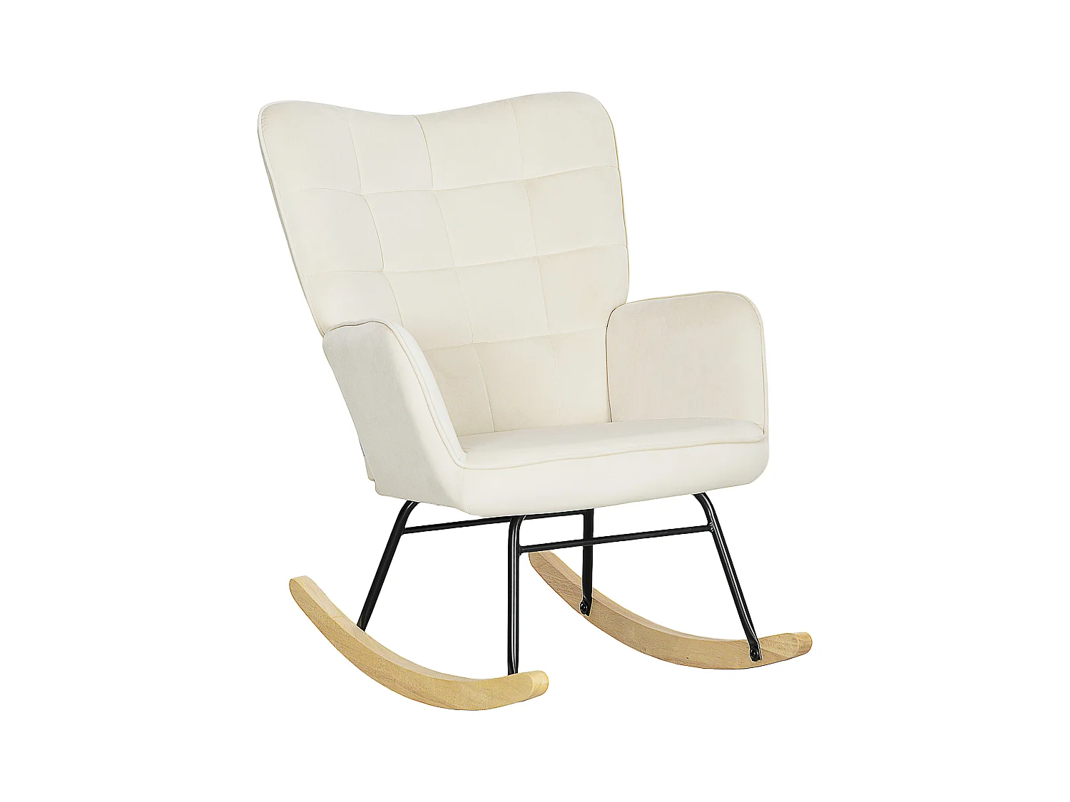 Mecedora de terciopelo beige con reposabrazos, base de madera, estructura negra