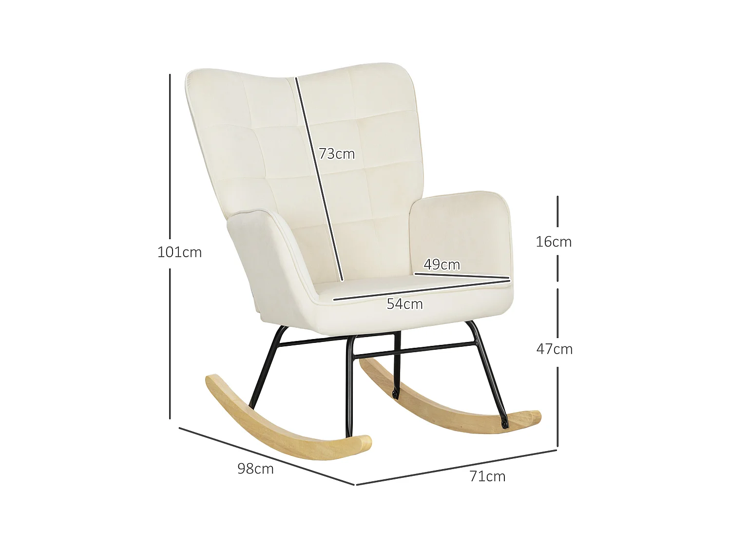 Mecedora de terciopelo beige con reposabrazos, base de madera, estructura negra