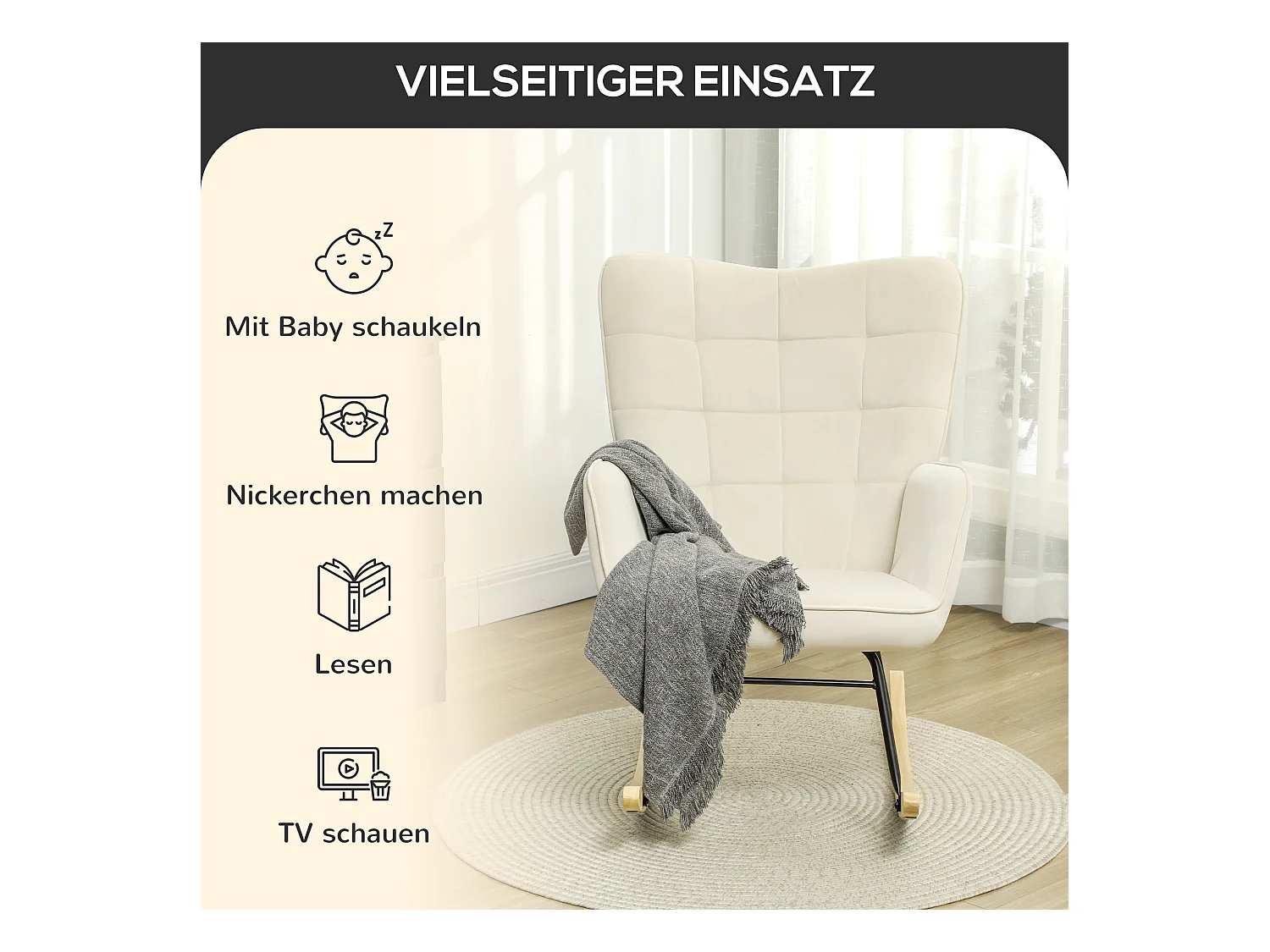 Mecedora de terciopelo beige con reposabrazos, base de madera, estructura negra