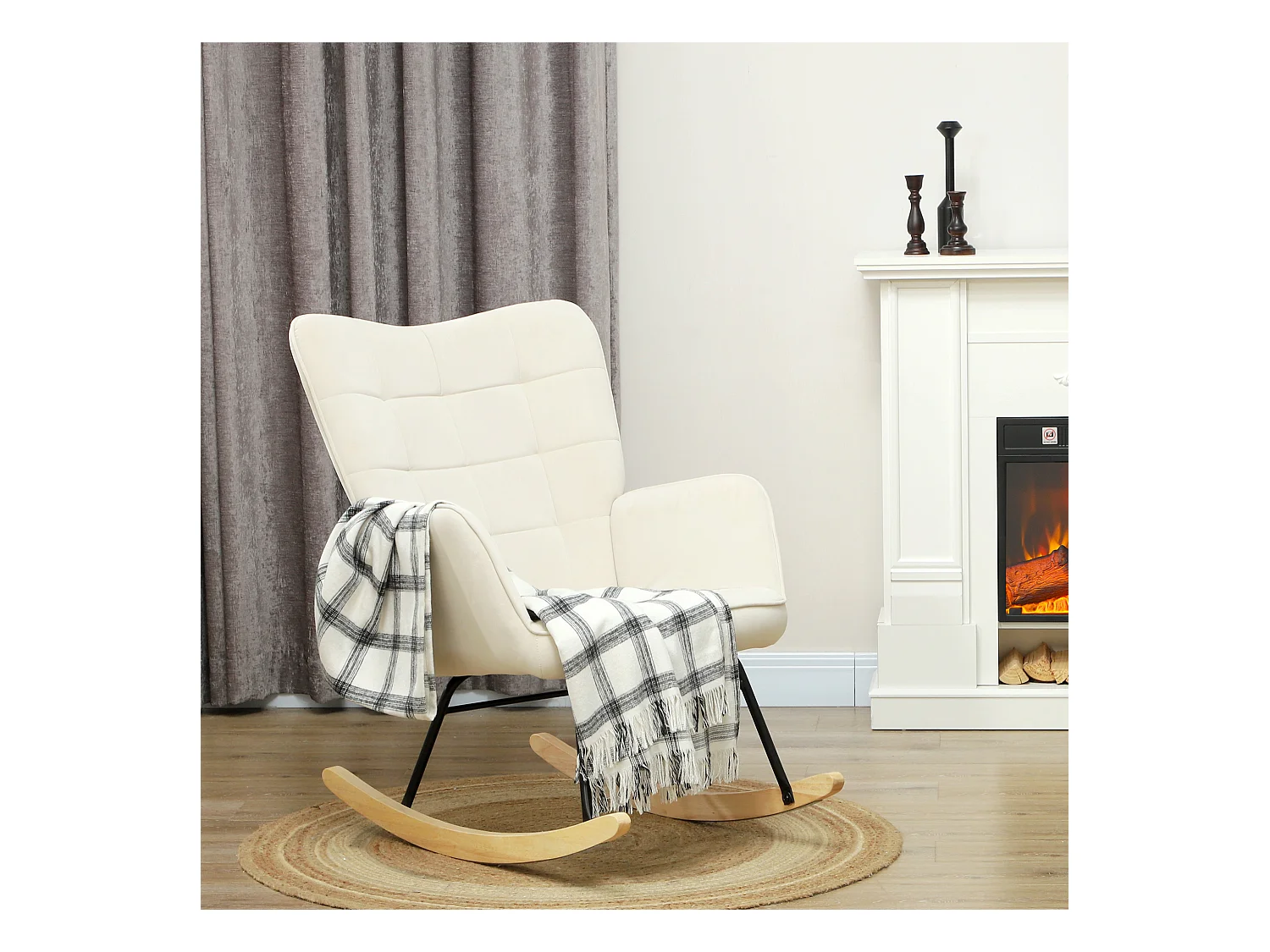 Sedia a dondolo in velluto beige con braccioli, base in legno, struttura nera
