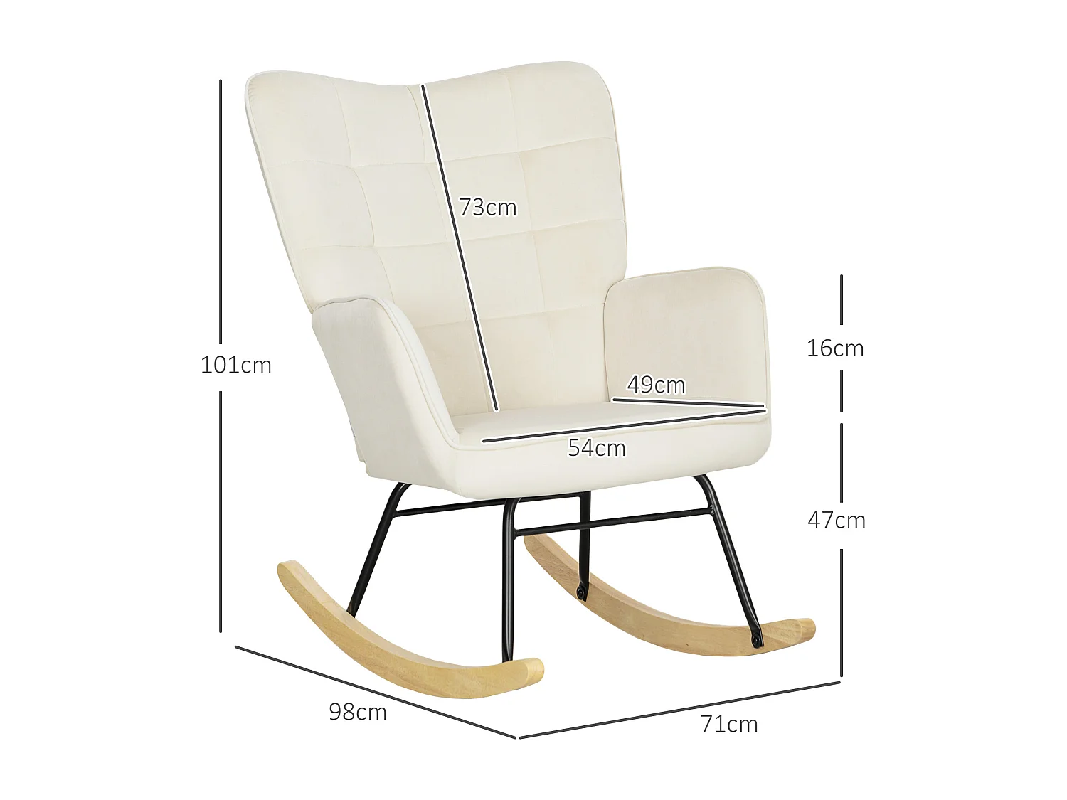 Fauteuil à bascule en velours beige avec accoudoirs, base en bois, cadre noir