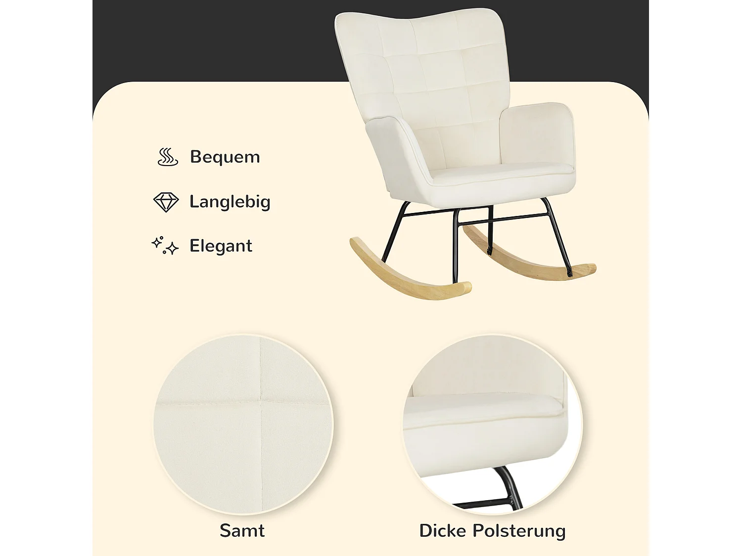 Fauteuil à bascule en velours beige avec accoudoirs, base en bois, cadre noir