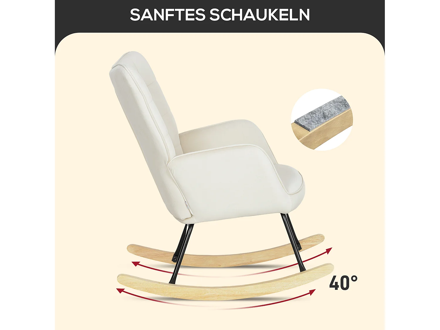 Sedia a dondolo in velluto beige con braccioli, base in legno, struttura nera