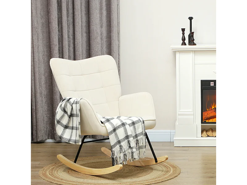 Fauteuil à bascule en velours beige avec accoudoirs, base en bois, cadre noir