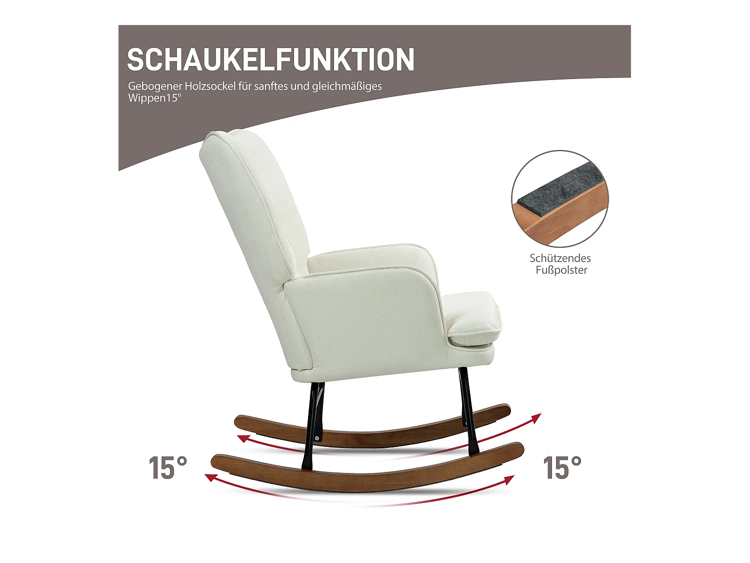 Fauteuil à bascule blanc avec repose-pieds et fauteuil, aspect lin, piètement en bois