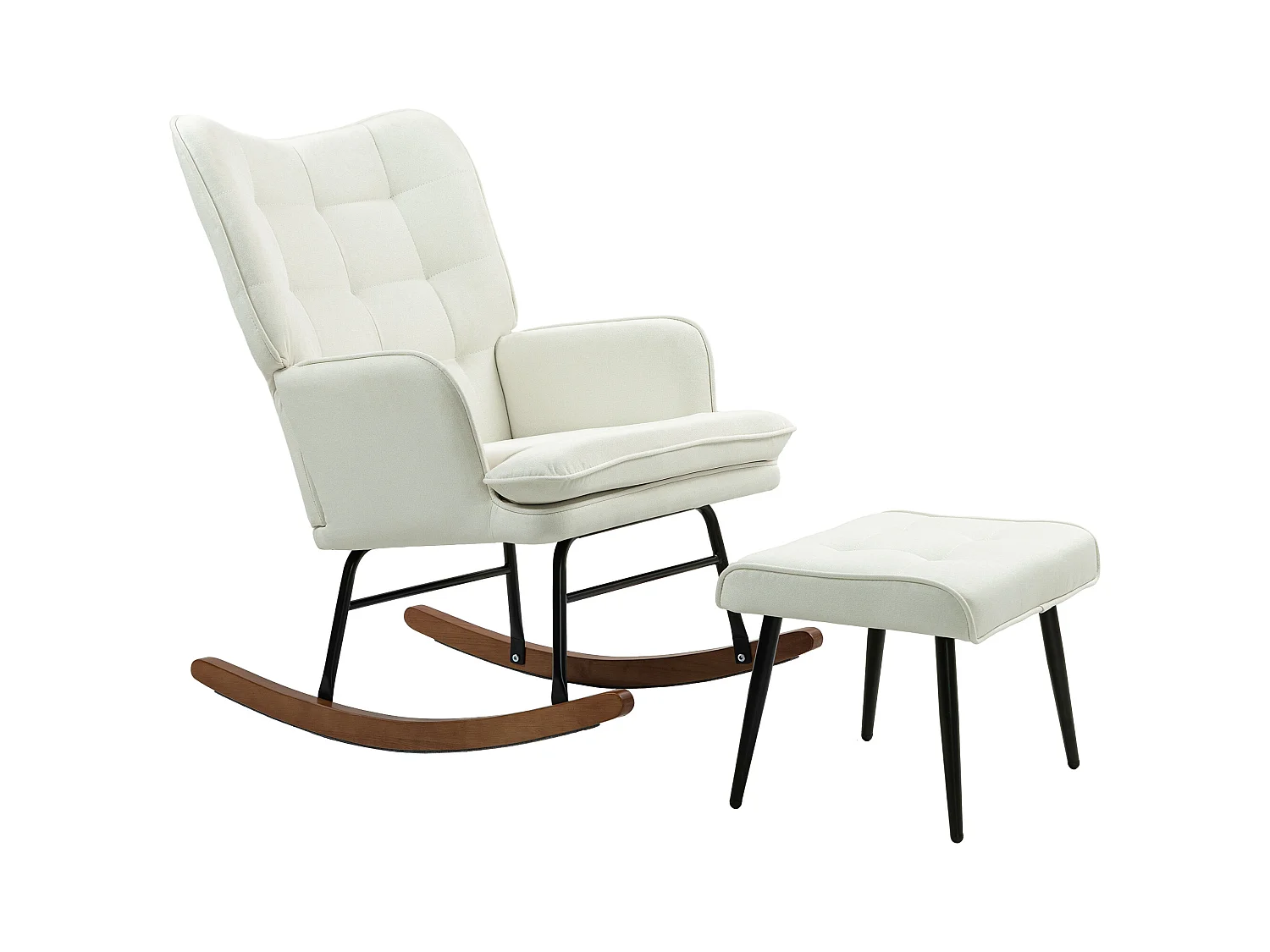 Fauteuil à bascule blanc avec repose-pieds et fauteuil, aspect lin, piètement en bois