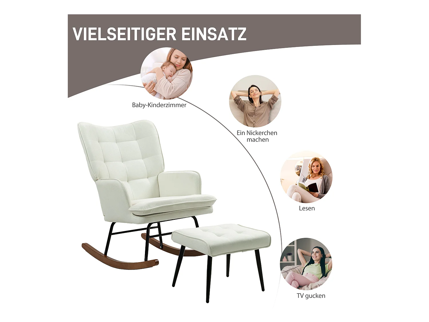 Fauteuil à bascule blanc avec repose-pieds et fauteuil, aspect lin, piètement en bois