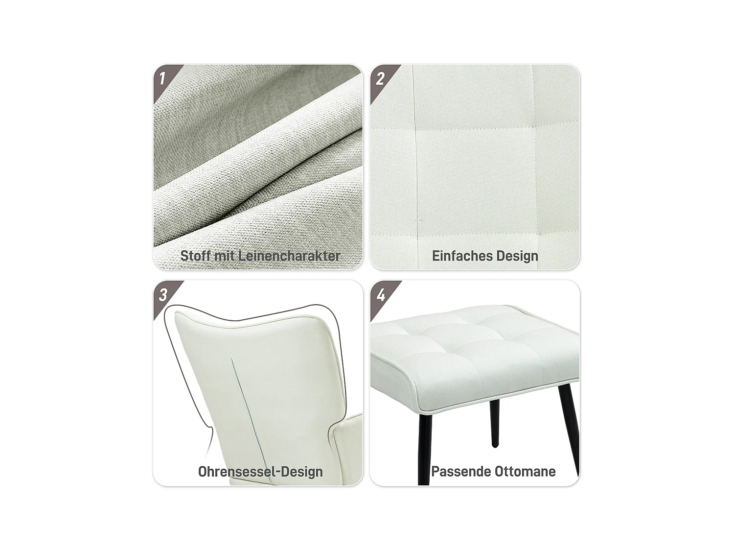 Witte schommelstoel met voetenbankje en fauteuil, linnenlook, houten onderstel