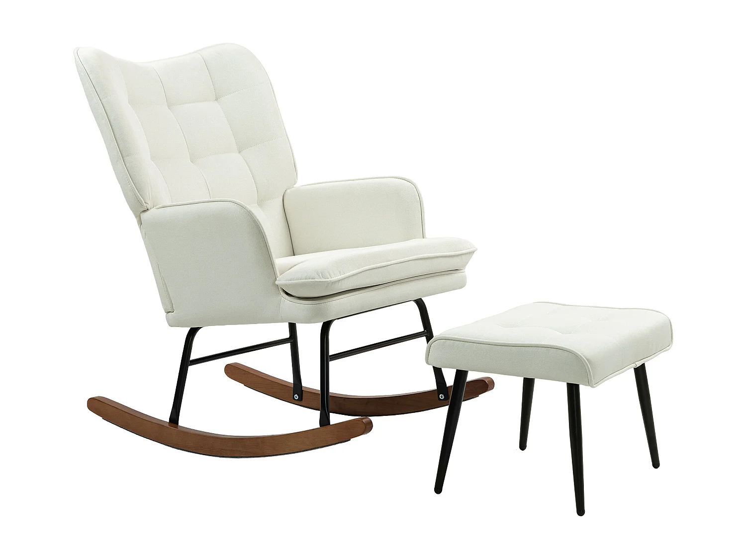 Fauteuil à bascule blanc avec repose-pieds et fauteuil, aspect lin, piètement en bois