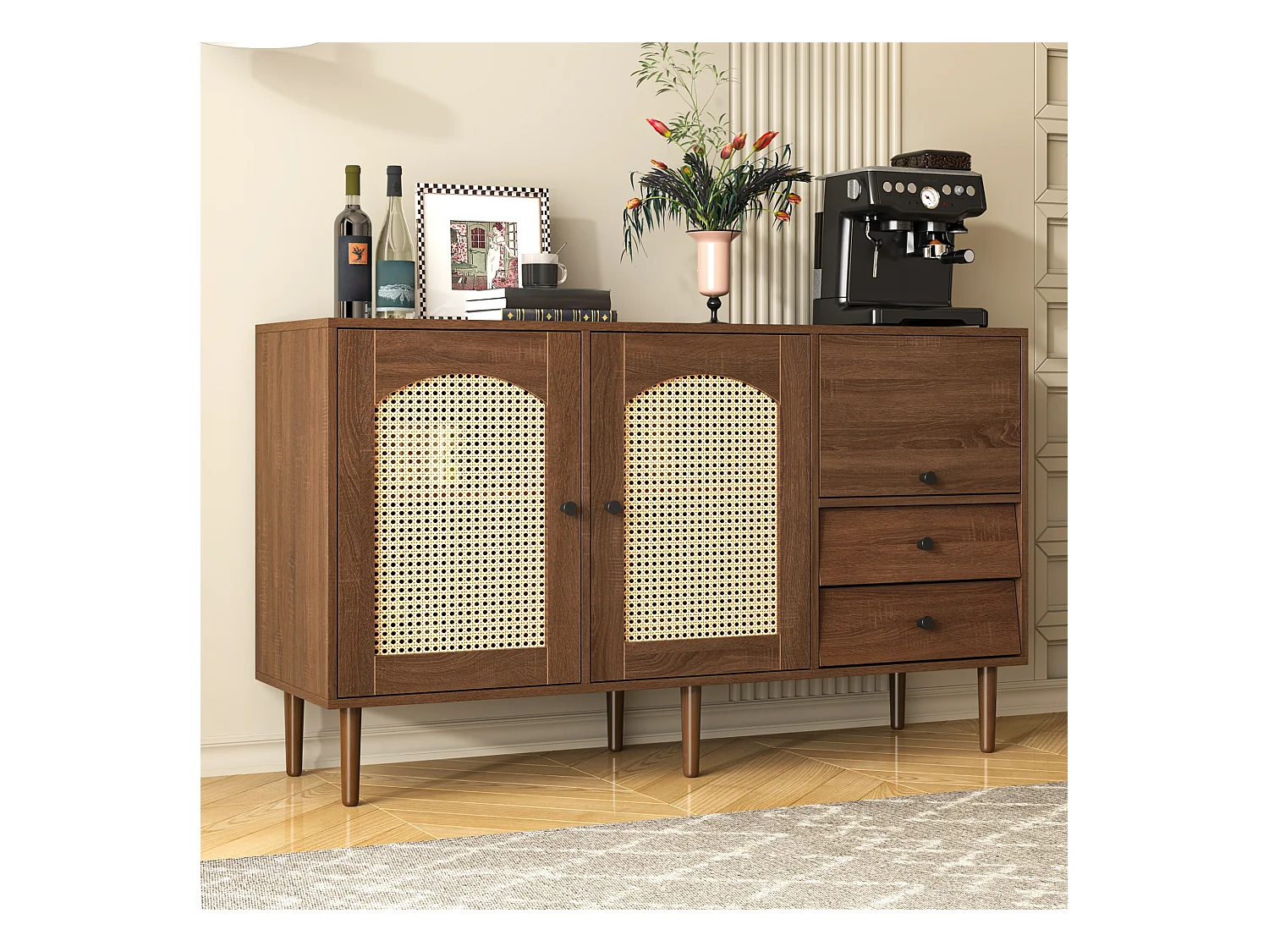 Buffet marron avec 2 portes en rotin, 1 porte et 2 tiroirs 130x40x75,5