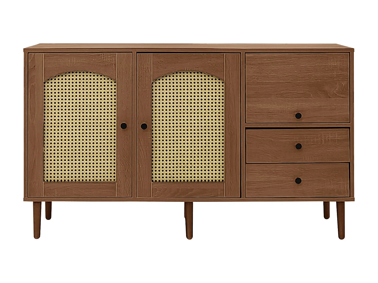 Buffet marron avec 2 portes en rotin, 1 porte et 2 tiroirs 130x40x75,5