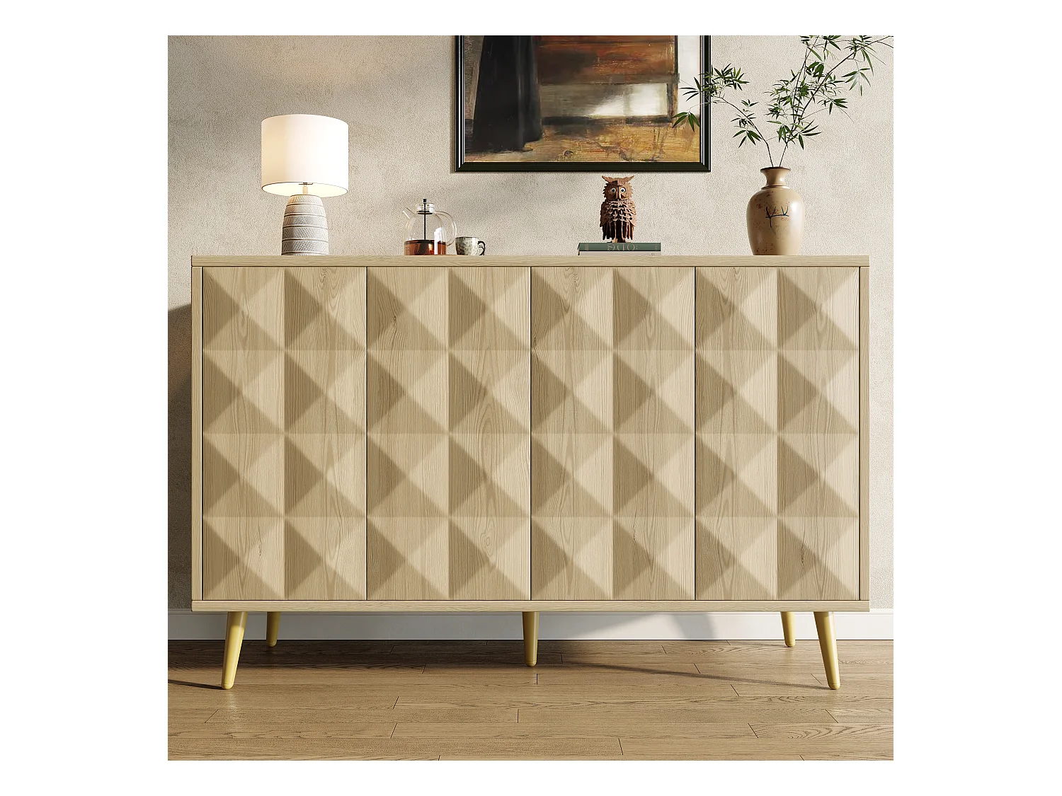 Buffet naturel avec 4 portes, étagères réglables, design de porte en relief 120×35×78 cm