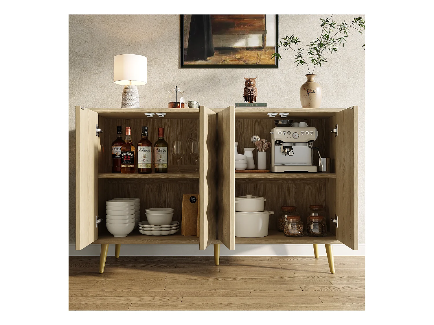 Buffet naturel avec 4 portes, étagères réglables, design de porte en relief 120×35×78 cm