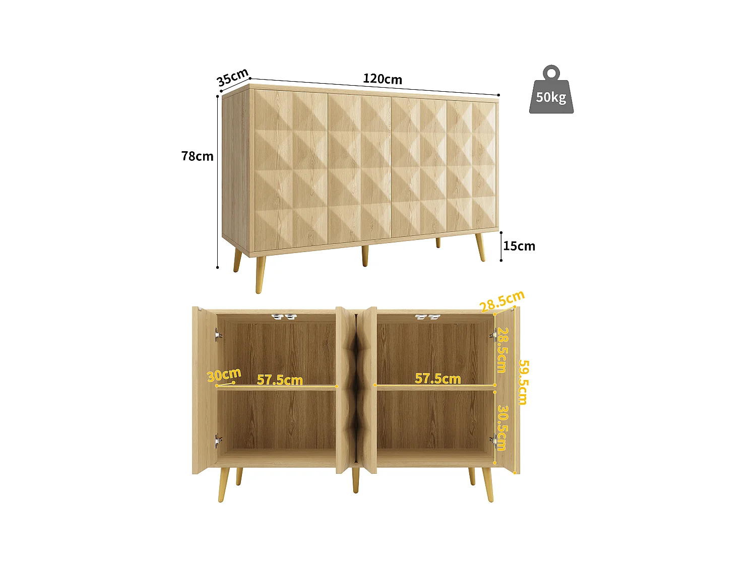 Buffet naturel avec 4 portes, étagères réglables, design de porte en relief 120×35×78 cm