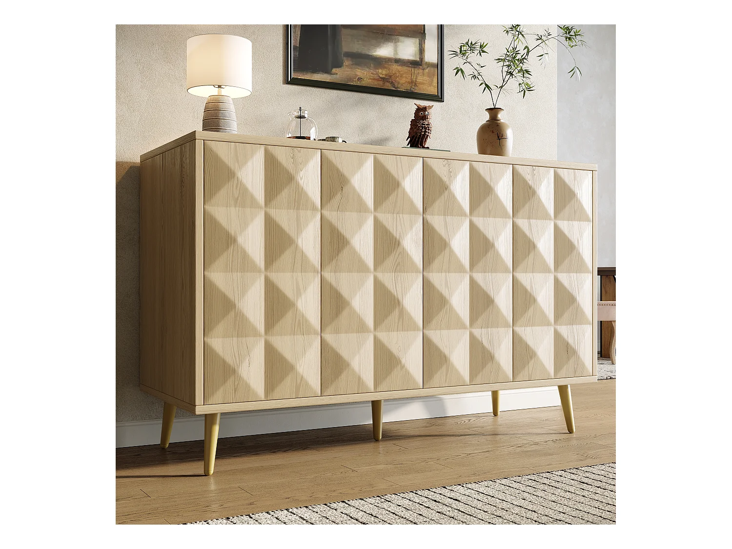 Buffet naturel avec 4 portes, étagères réglables, design de porte en relief 120×35×78 cm