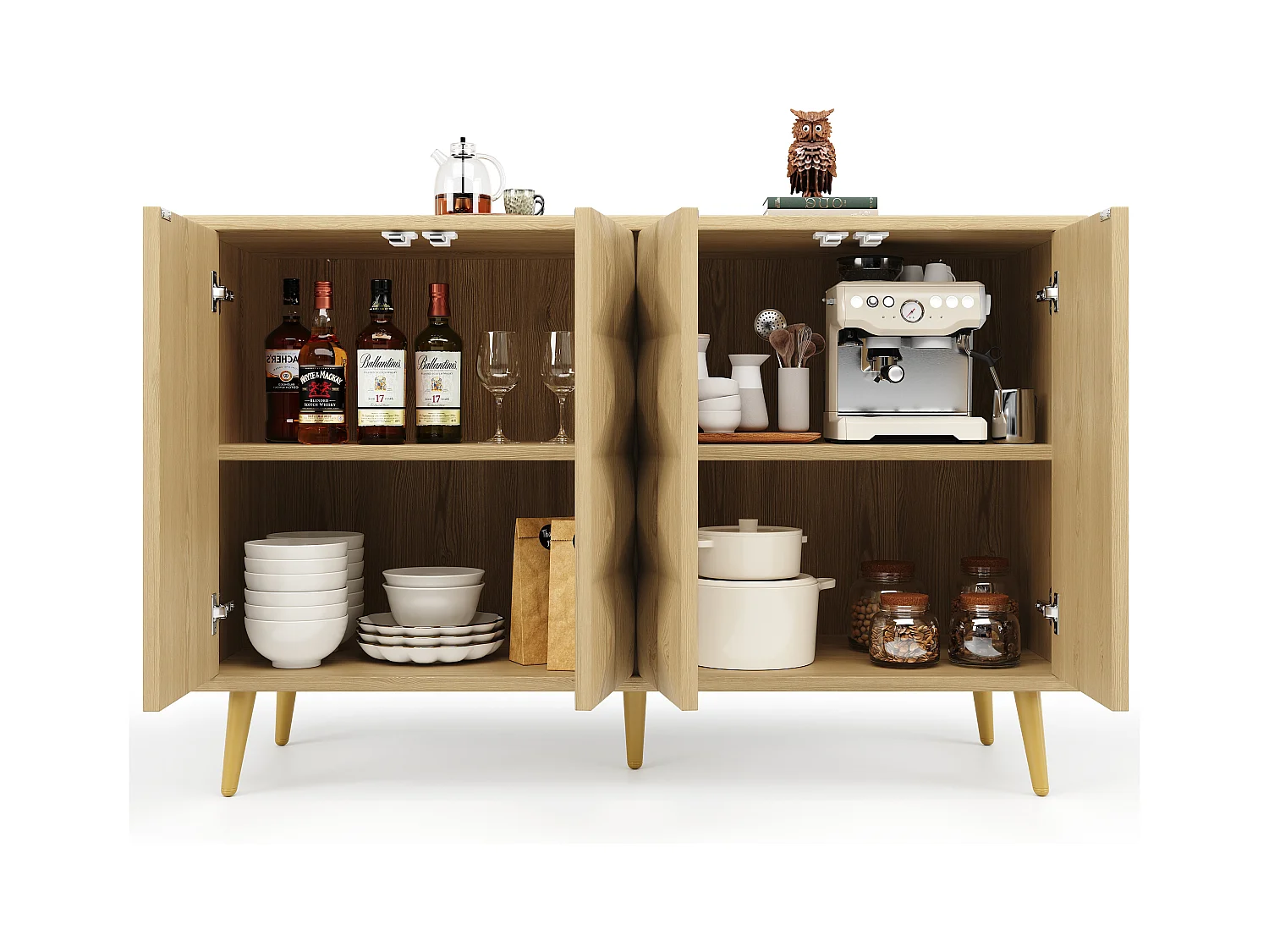 Buffet naturel avec 4 portes, étagères réglables, design de porte en relief 120×35×78 cm