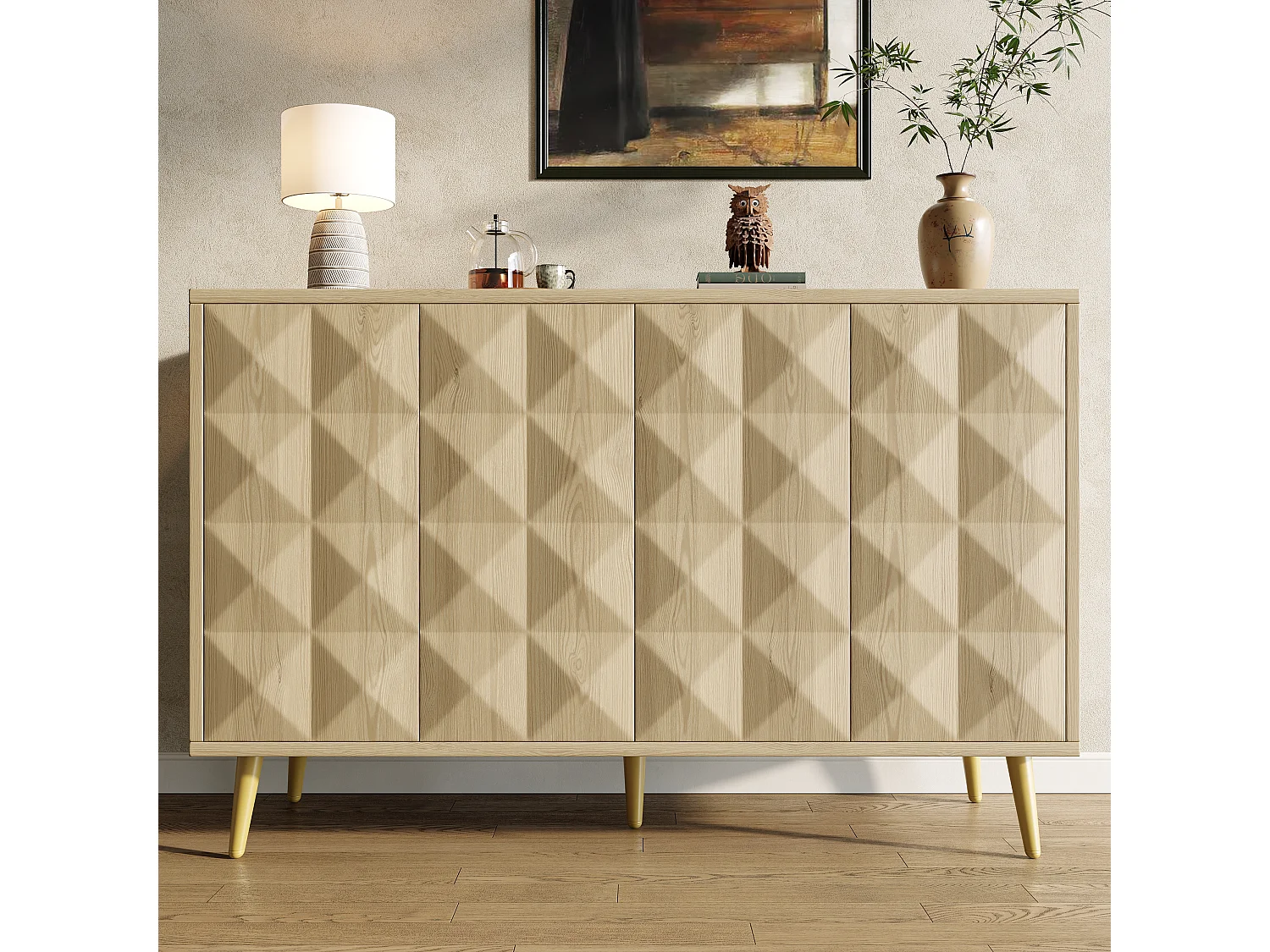 Buffet naturel avec 4 portes, étagères réglables, design de porte en relief 120×35×78 cm