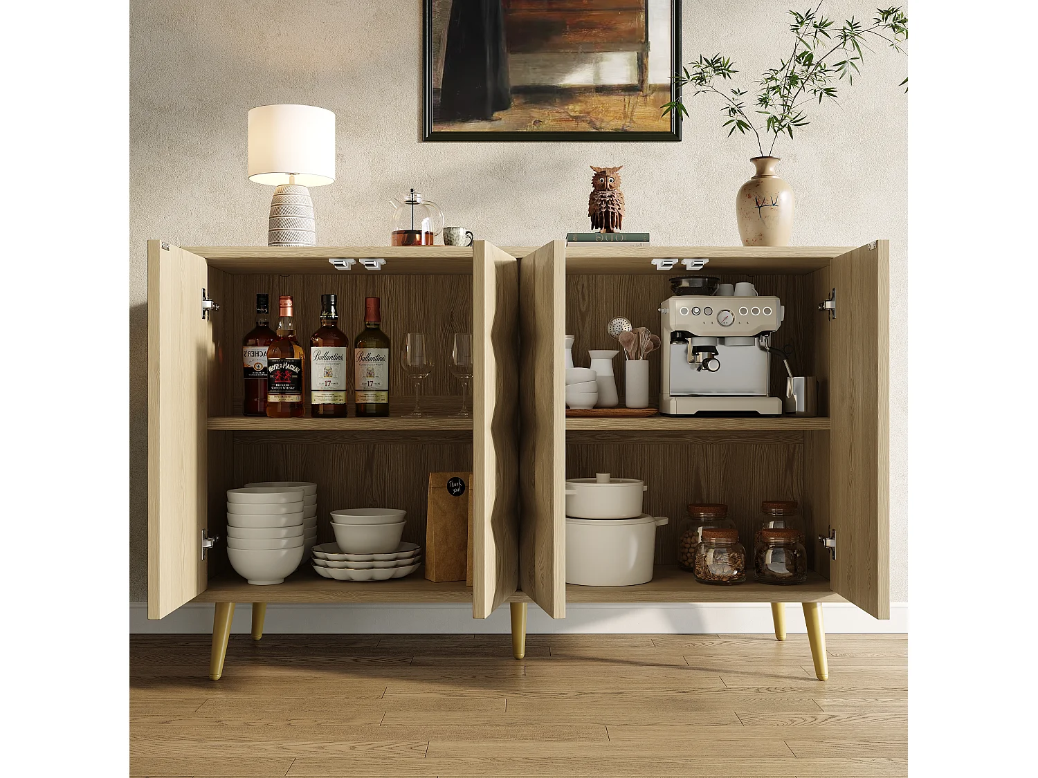 Buffet naturel avec 4 portes, étagères réglables, design de porte en relief 120×35×78 cm