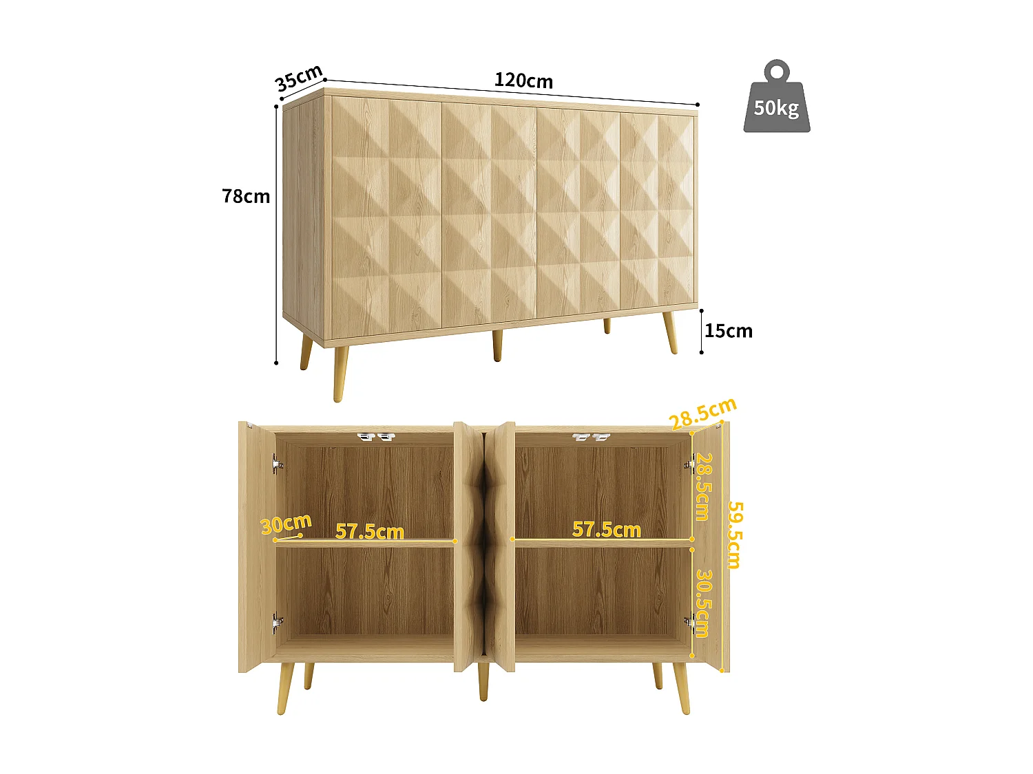 Buffet naturel avec 4 portes, étagères réglables, design de porte en relief 120×35×78 cm